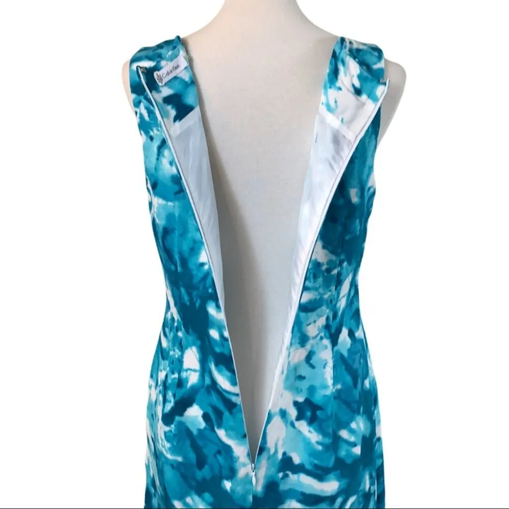 Calvin Klein Linen Sheath Dress Teal White Abstract Print Women's Size 6 - Image 9