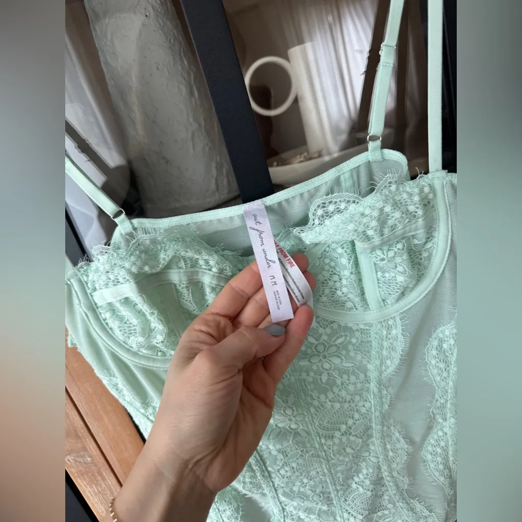 Out from under lace corset bodysuit mint pastel thong lingerie sexy top boning - Image 4