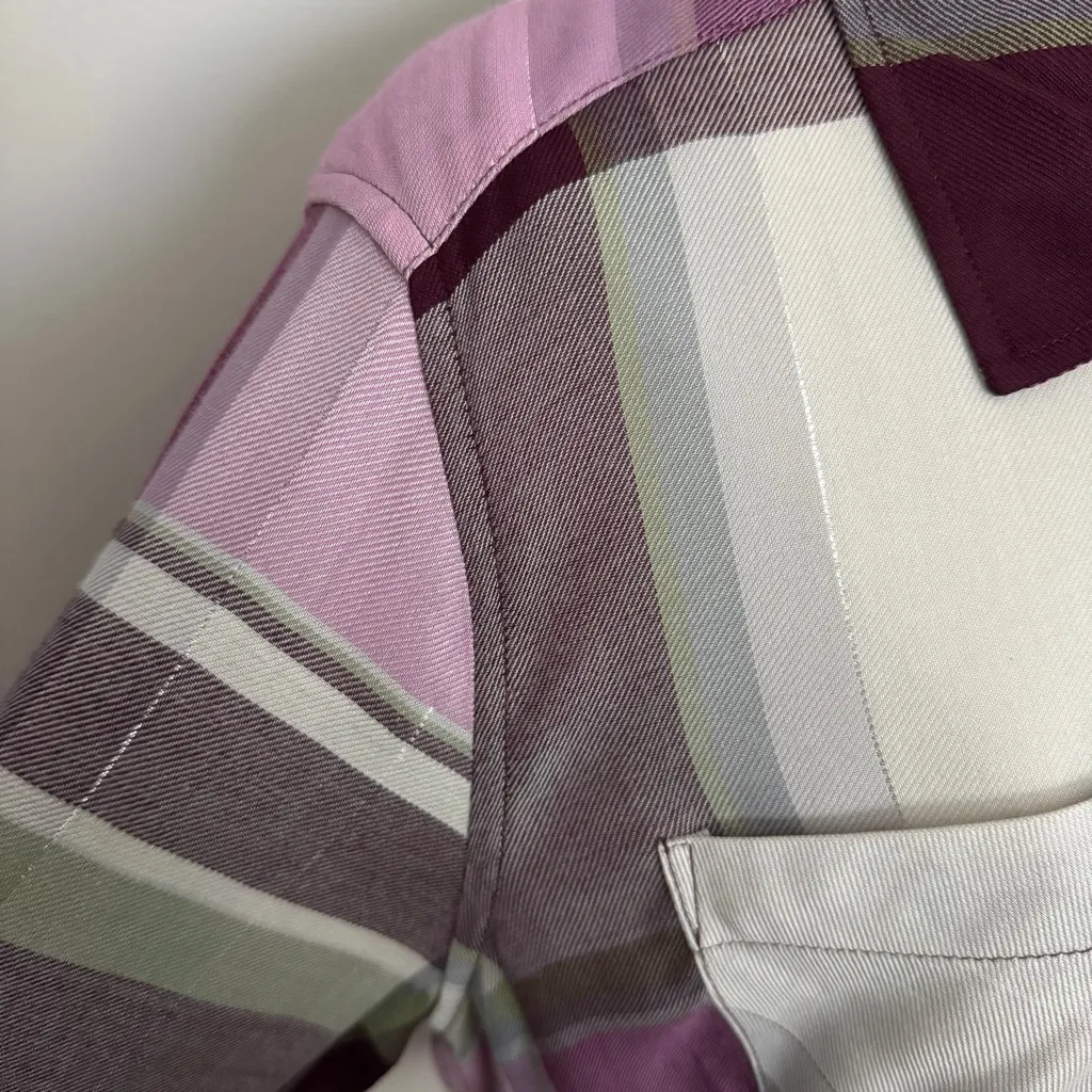 Christopher & Banks Shirt Button-Up Pockets Lightweight Plaid Sparkle Wine Grey - Image 3