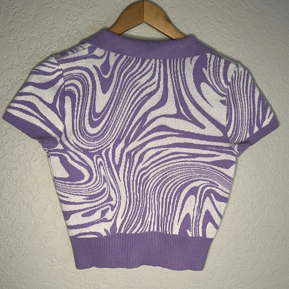 Purple Knit Crop Sweater Top Y2K Summer Groovy Swirly 70s Print Festival Large - Image 7