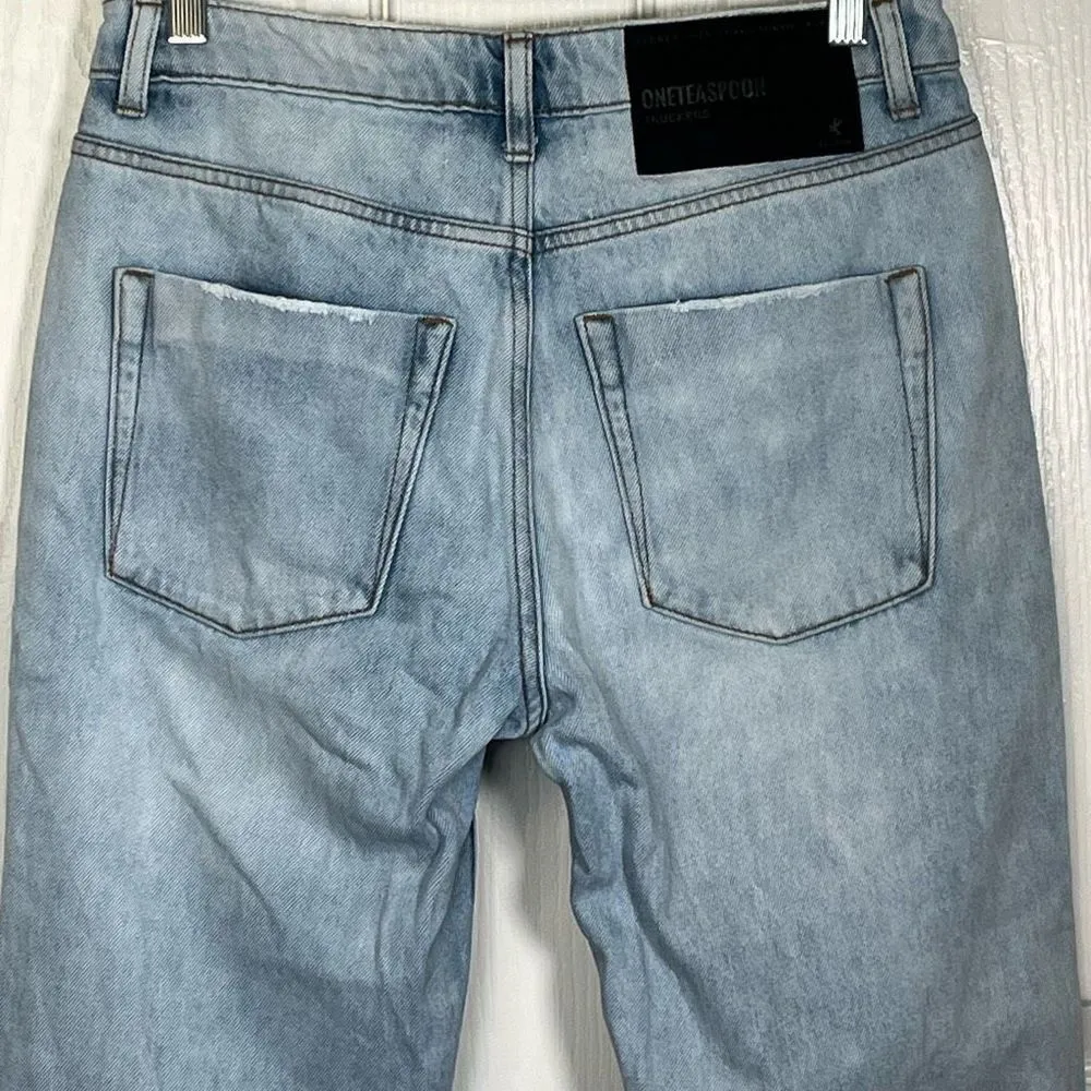 One Teaspoon Truckers Sz 26 Wilde Blue Straight Leg Jeans Torn Knees Distressed - Image 9