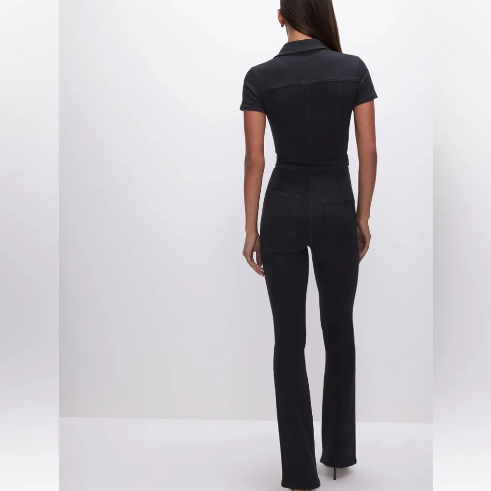 GOOD AMERICAN Denim Jumpsuit Flightsuit Point Collar Straight Leg Black Size 1 - Image 6