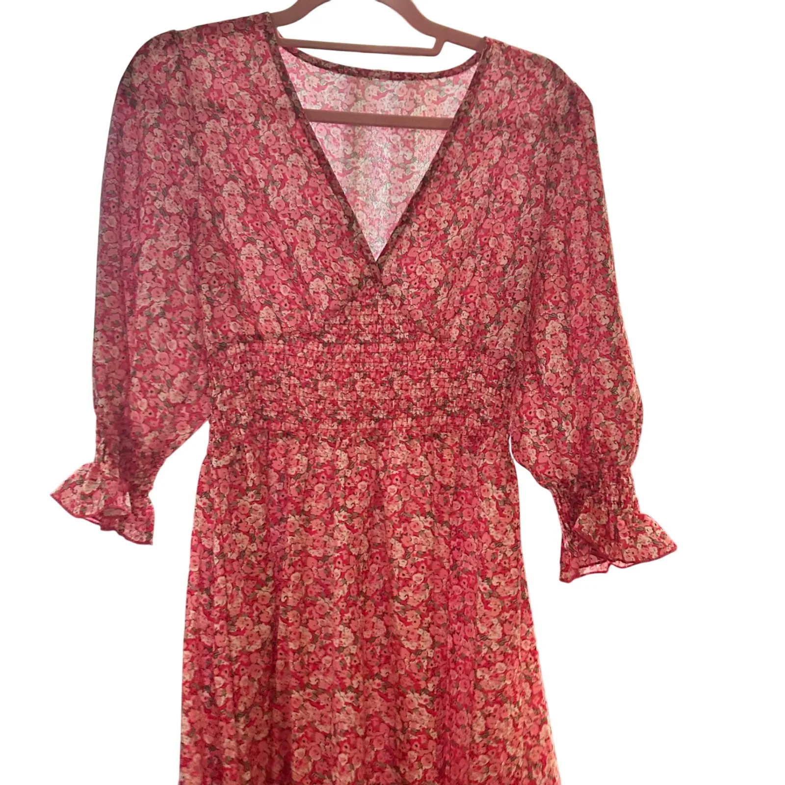 Floral Mini‎ Dress Pink White V Neck Smocked Waist 3/4 Sleeve - Image 3