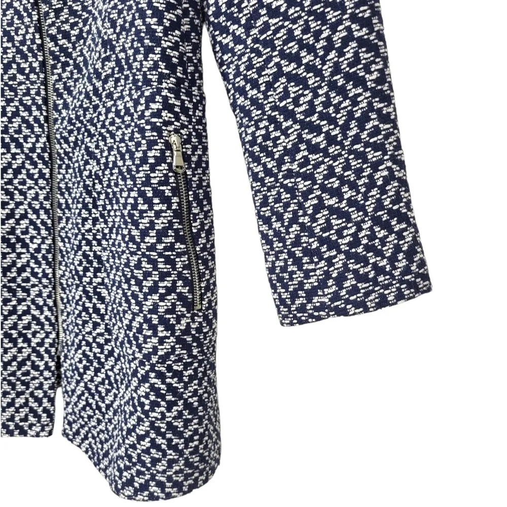 Zara Padded Shoulder Tweed Full Zip Coat in Navy Blue/White - Image 8