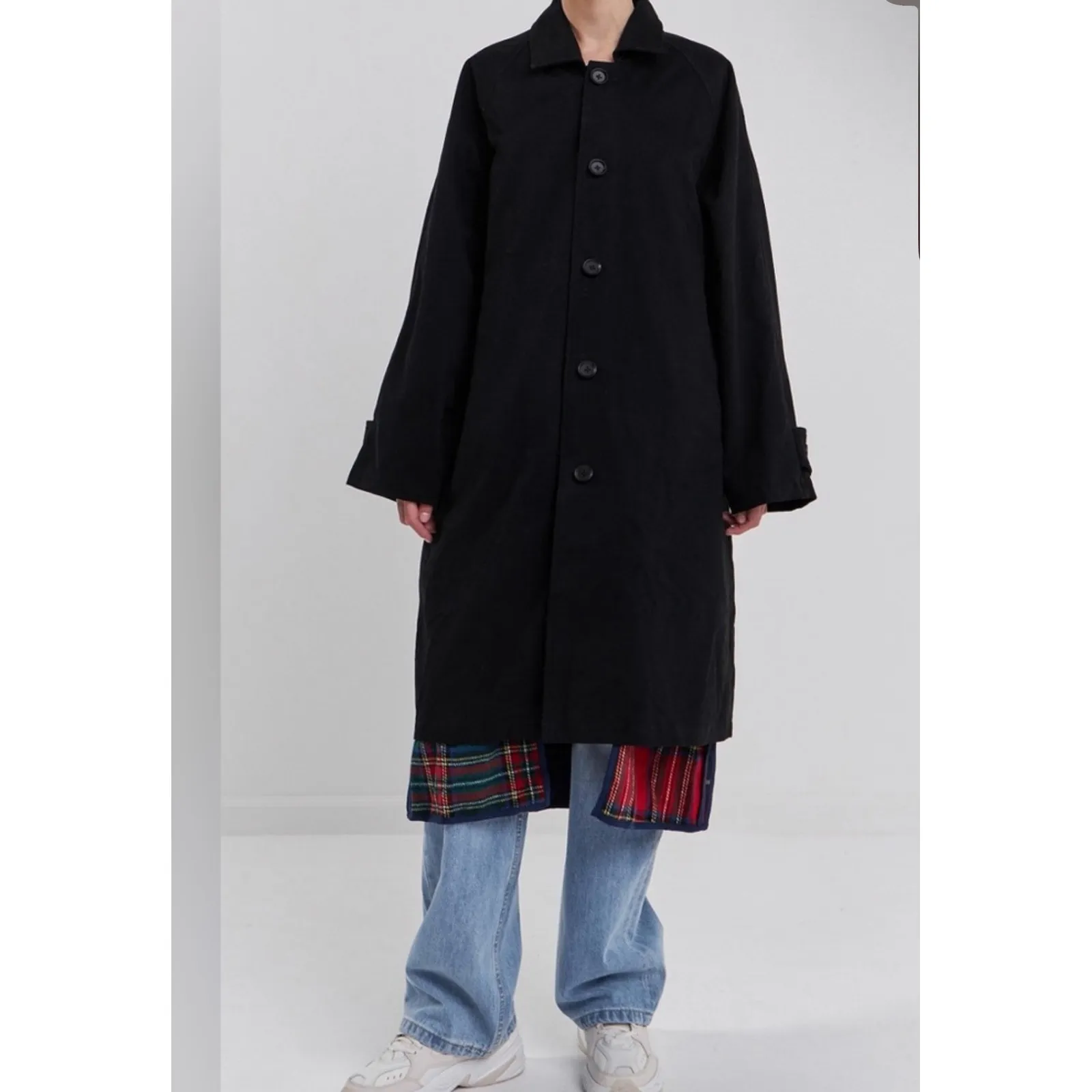 ANTHROPOLOGIE (GREY LAB LABEL) Black Plaid Patchwork Trench Coat Women size XL - Image 3