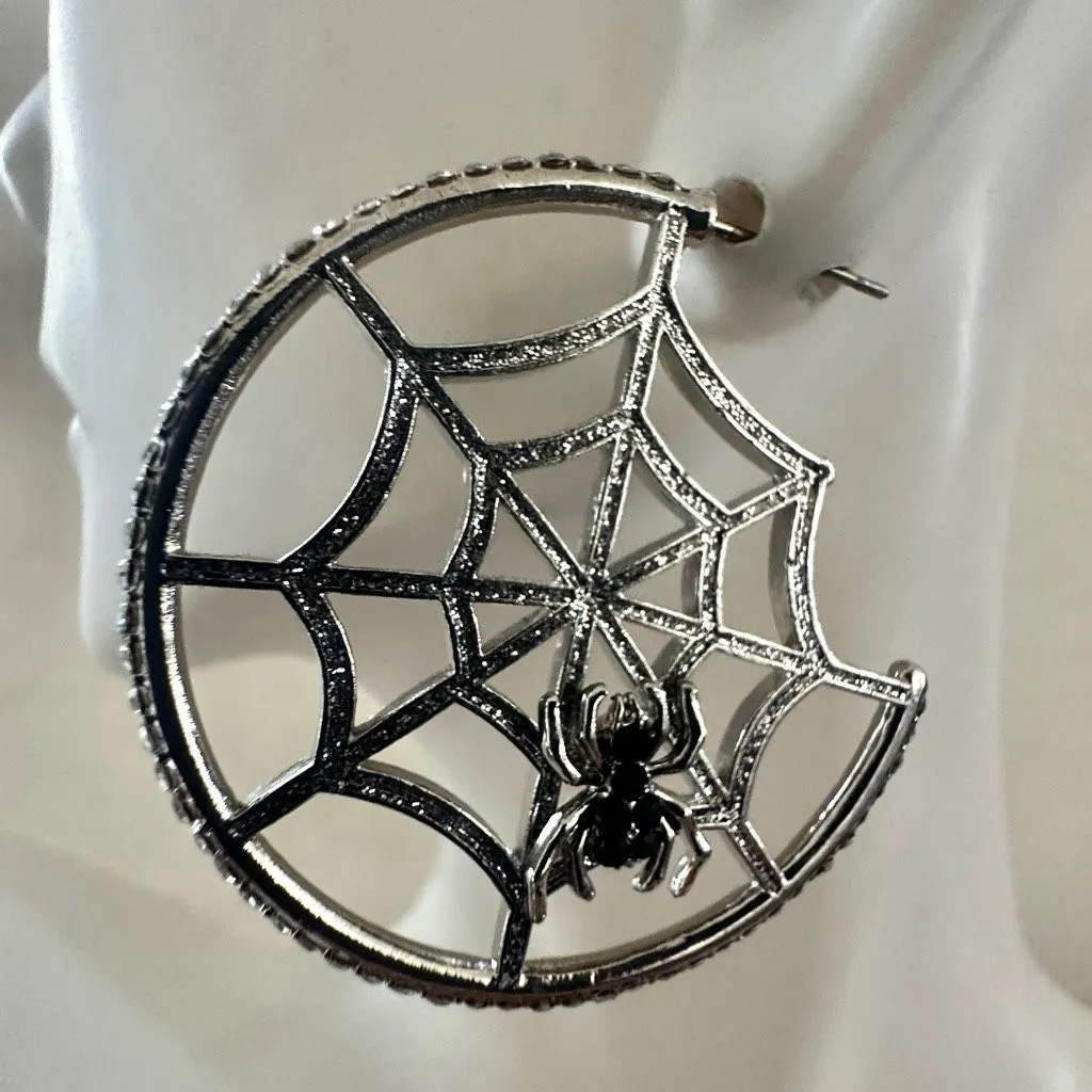 Spiderweb Hoop Earrings with Black Rhinestone Spiders Silver - Image 2
