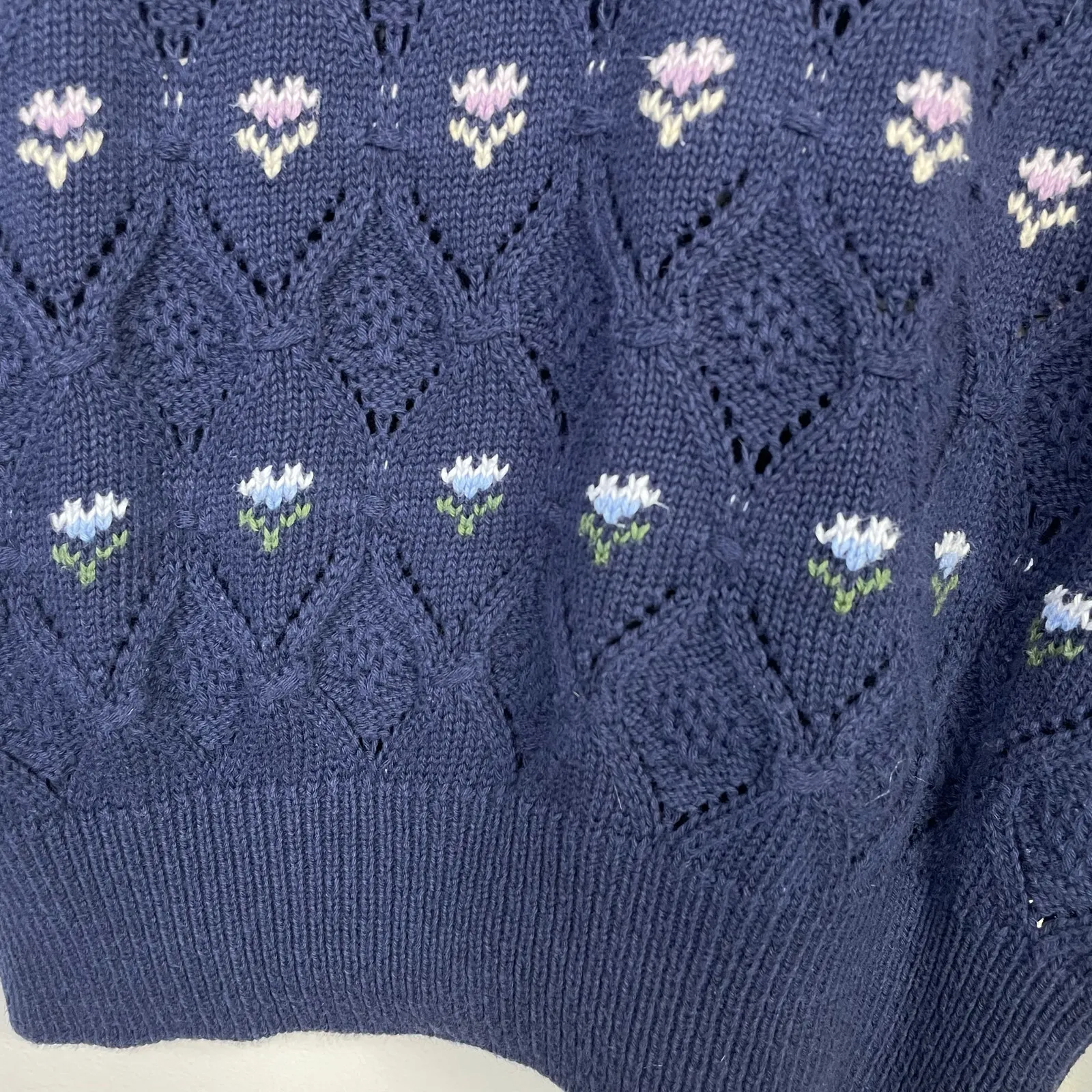 Vintage Laura Ashley Navy Blue Pointelle Crochet Knit Cotton Floral Sweater M L - Image 8