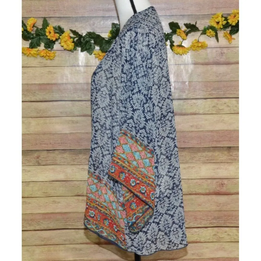 Renee C Top Women's M Blue Mixed Print Open Front Cardigan Boho Hipster Sheer - Image 6