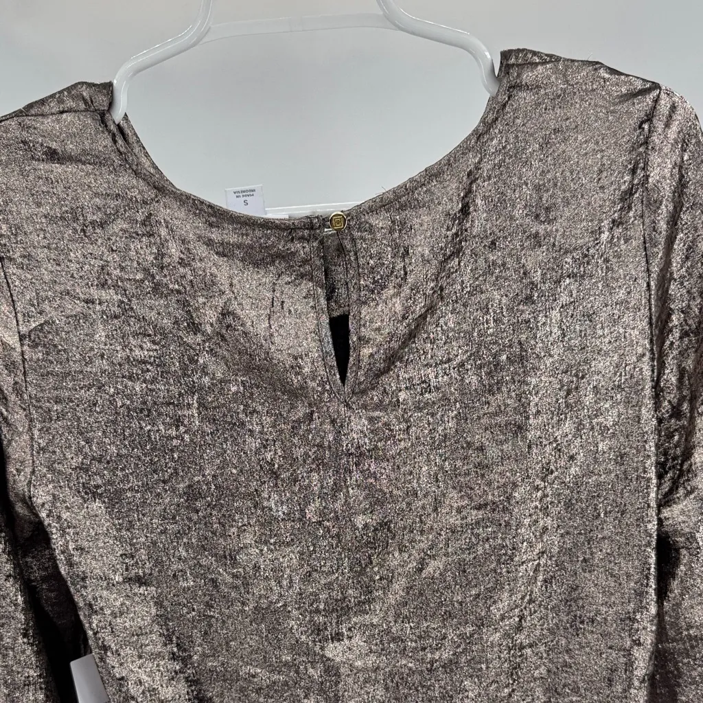 Liz Claiborne Metallic Blouse gold gunmetal S long sleeve career shimmer work - Image 3