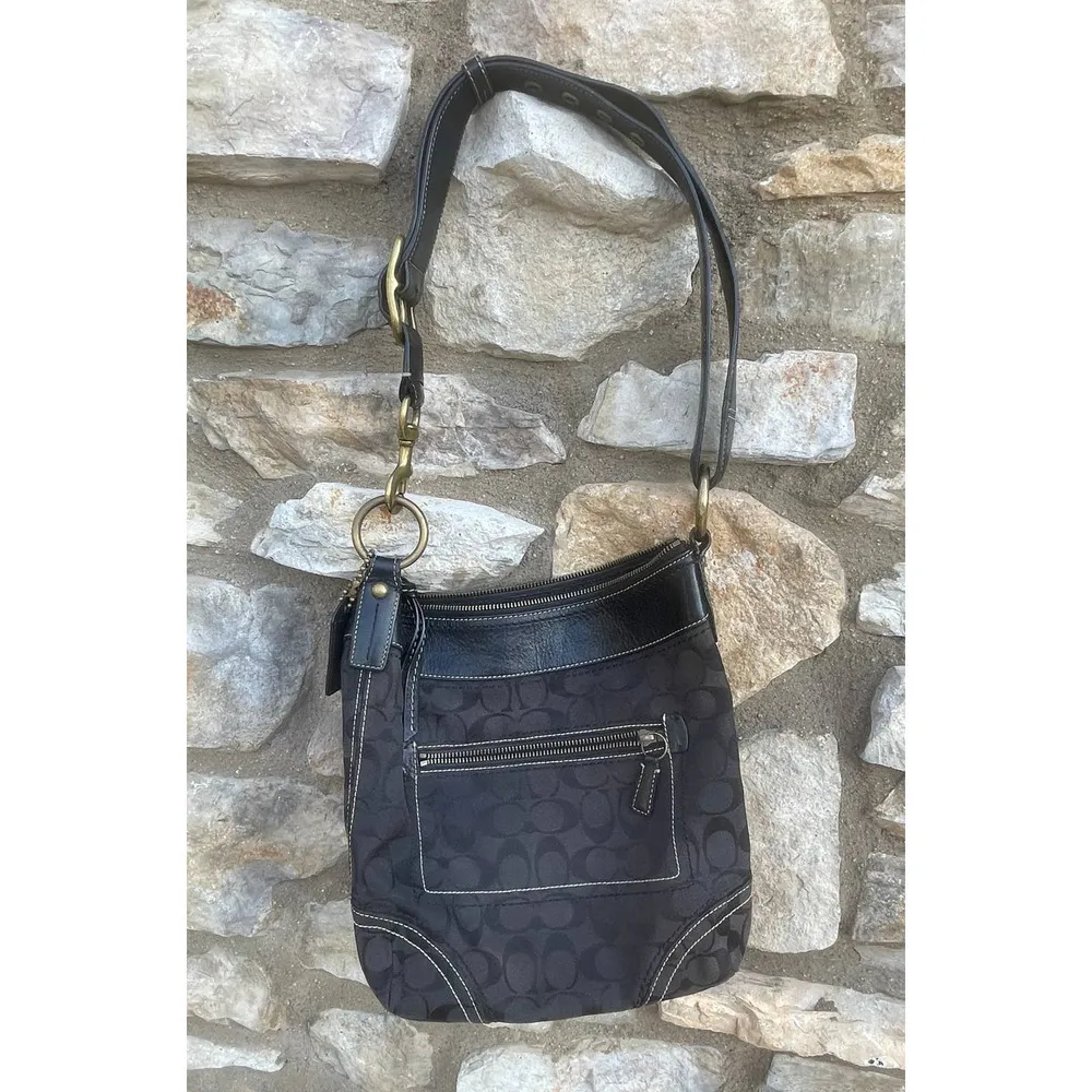 Coach #10403 purse black signature logo jacquard bronze hardware - Image 14