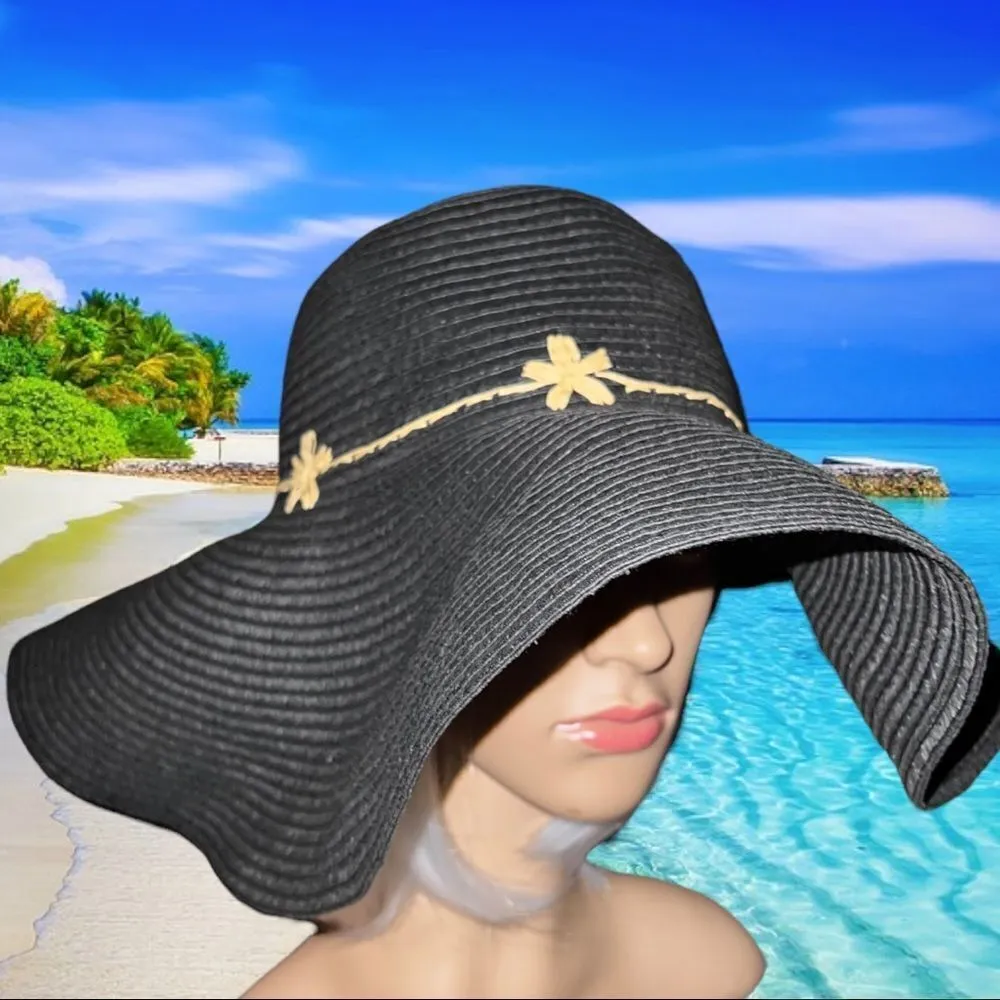 Black wide brim sun hat with tan band design Black - Image 3