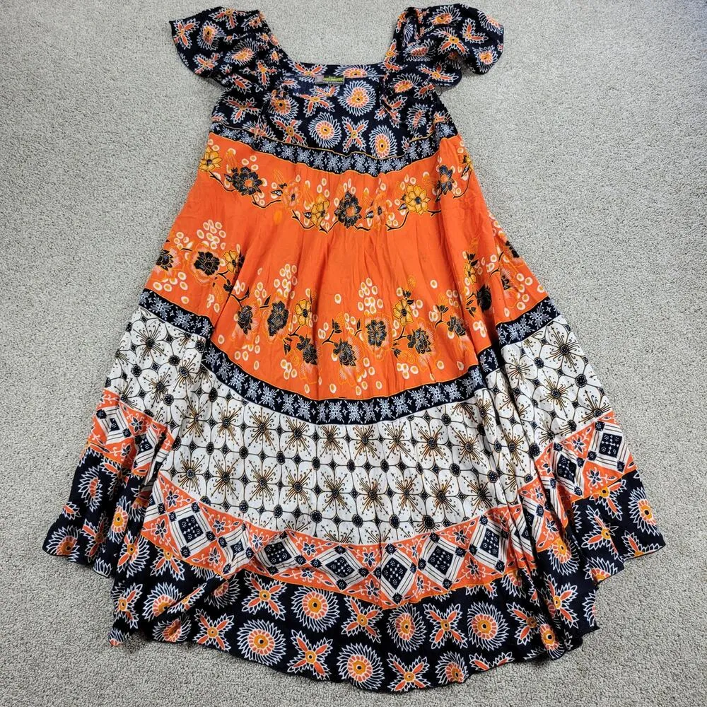 Sari Busana Womens Dress OS Orange Blue Batik Boho Floral Short Sleeves Pullover Size undefined - Image 12