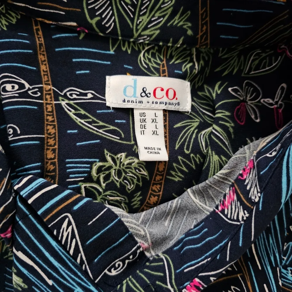 D&CO Navy Hawaiian Print Button Down Belted Shirt Dress Size Large Blue - Image 6