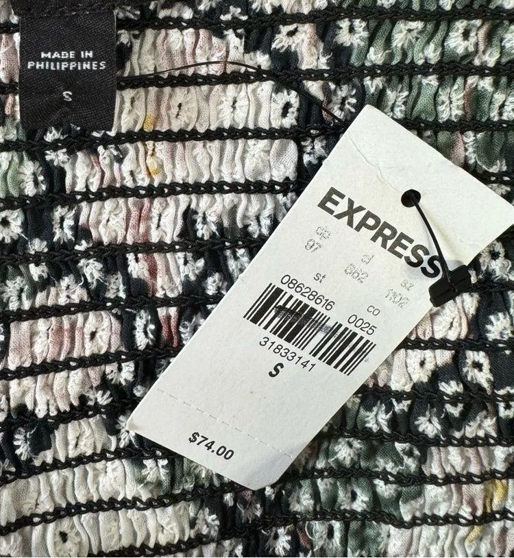 NEW Black Floral Eyelet Bubble Sleeve Off Shoulder Smocked Bodysuit S - Image 8