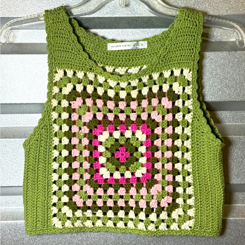 Altar’d State Crochet Crop Tank Green‎ Boho Sleeveless Festival Knit Top - Image 2