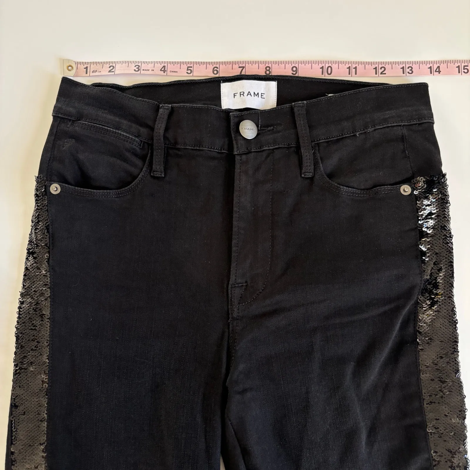 Frame Le High Skinny Jeans Sequin Tux Stripe Sparkle Stretch Black Women’s Sz 28 - Image 3