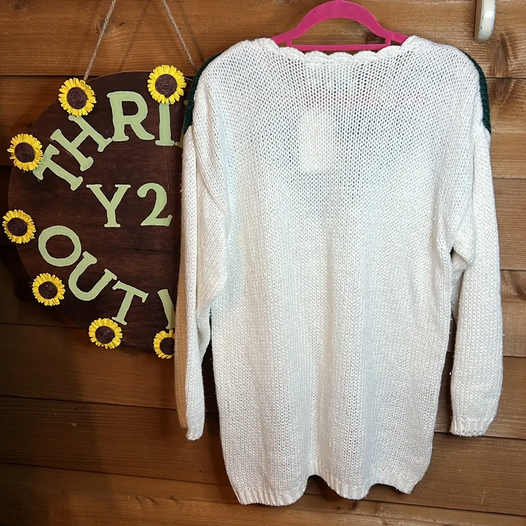 Vintage Classic Elements Hand Knit Ribbed Plaid Floral Cream Oversize Sweater M - Image 2