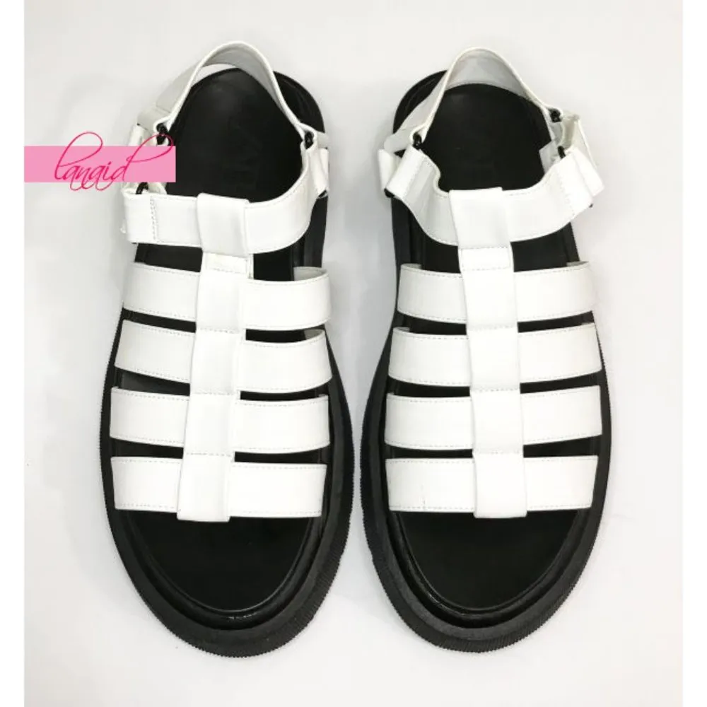 Thick Sole Fisherman Sandals White Black Chunky Cut-Outs Strappy Flats 9 - Image 6