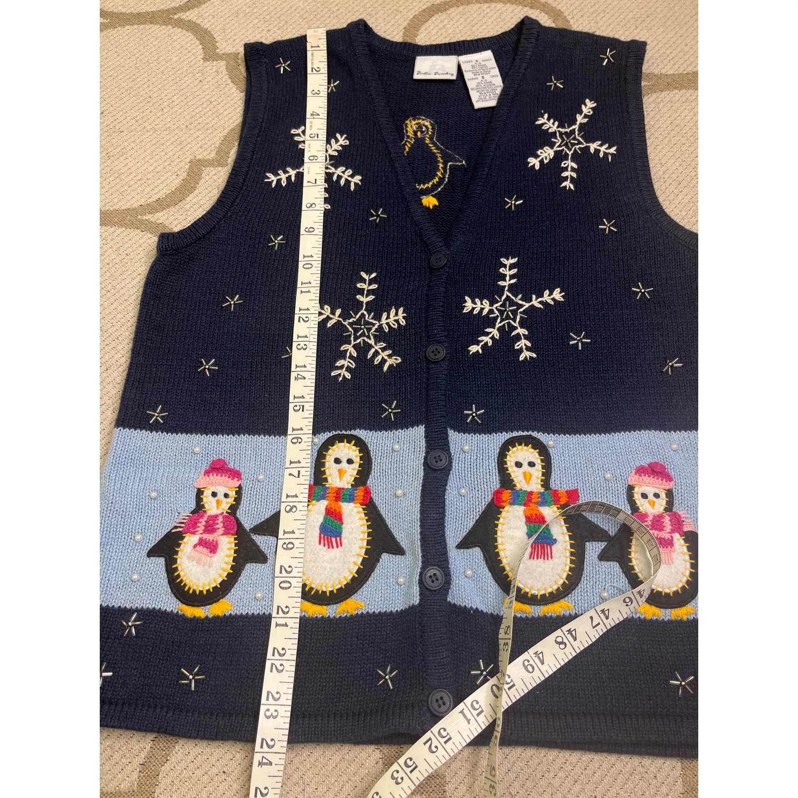 Bobbie Brooks navy button front embroidered penguins sweater vest, size small Blue - Image 7