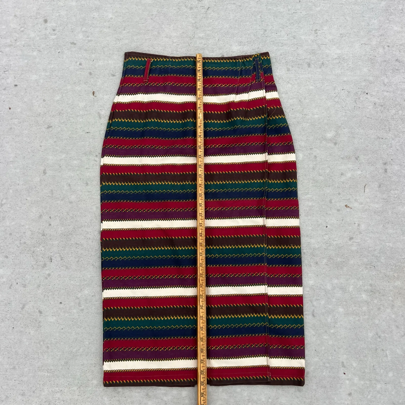 Vintage 80s BeBop Fall Aztec Southwestern Stripe Faux Wrap Midi Pencil Skirt 13 Red Size M - Image 11