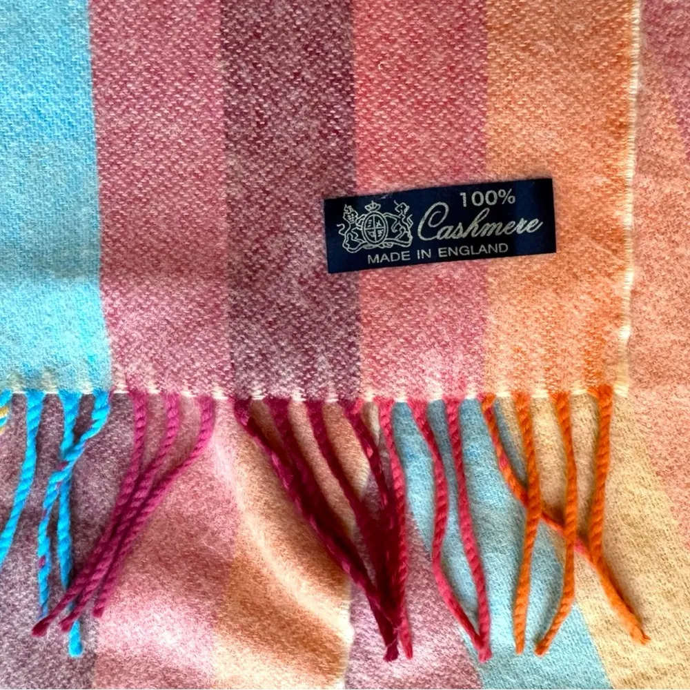 VINTAGE 100% Cashmere Striped Scarf – Made in England – 11.5” x 71” Orange - Image 4