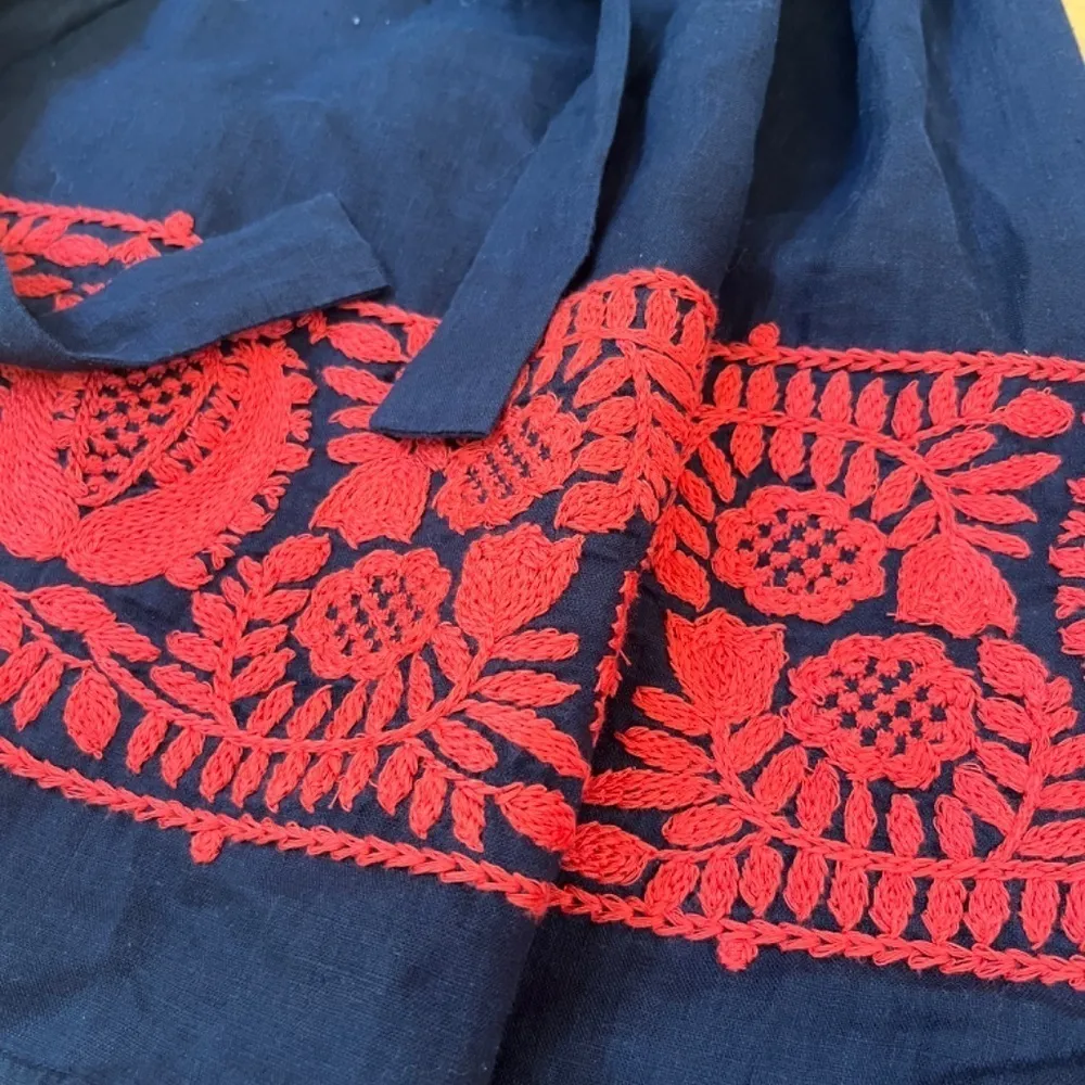 J.Crew XS S Navy Linen Oversized Short Dress Belted Red Floral Embroidered Tunic - Image 3