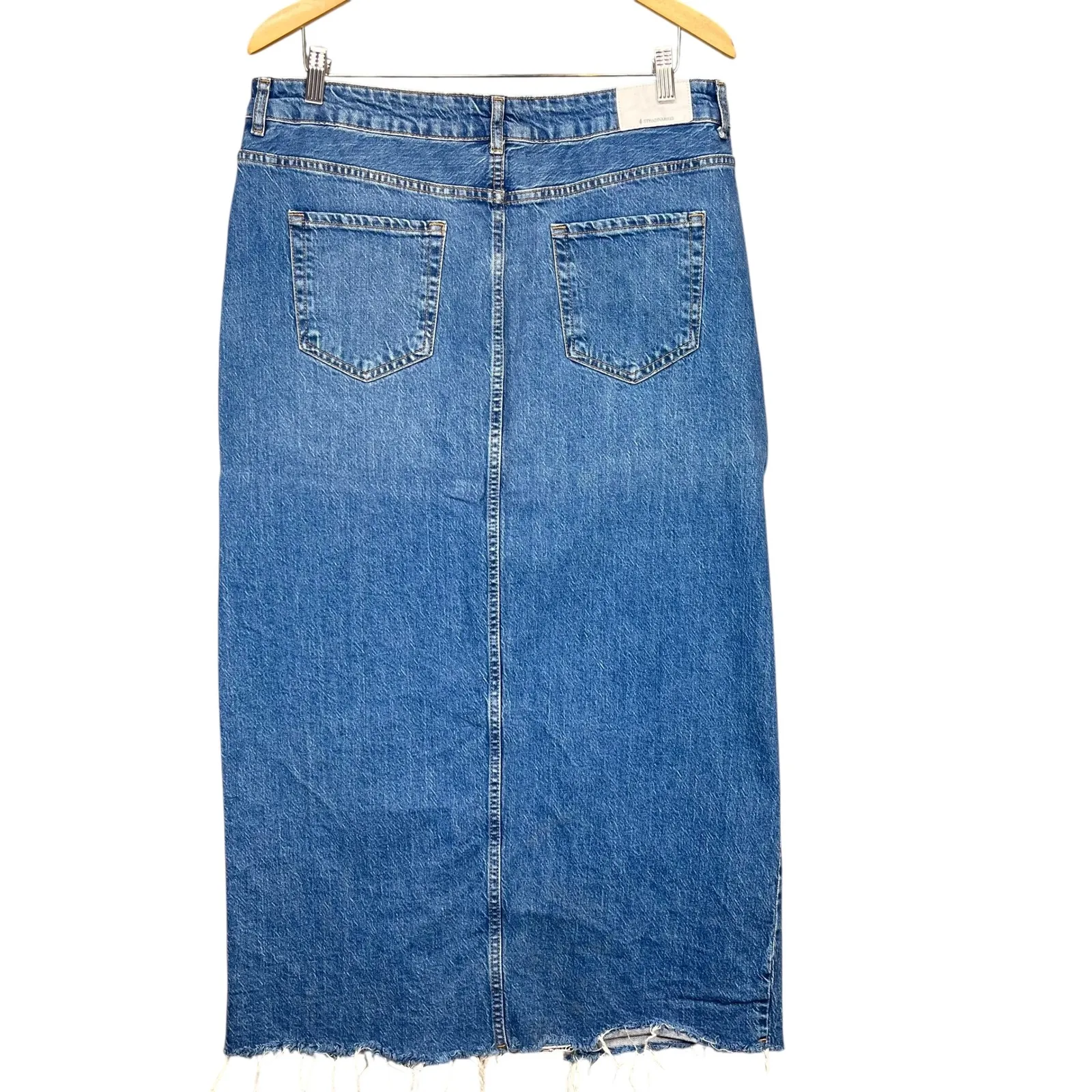 Stradivarius Denim Midi Skirt Front Slit Raw Hem Blue Jean Skirt Size‎ 12 - Image 2