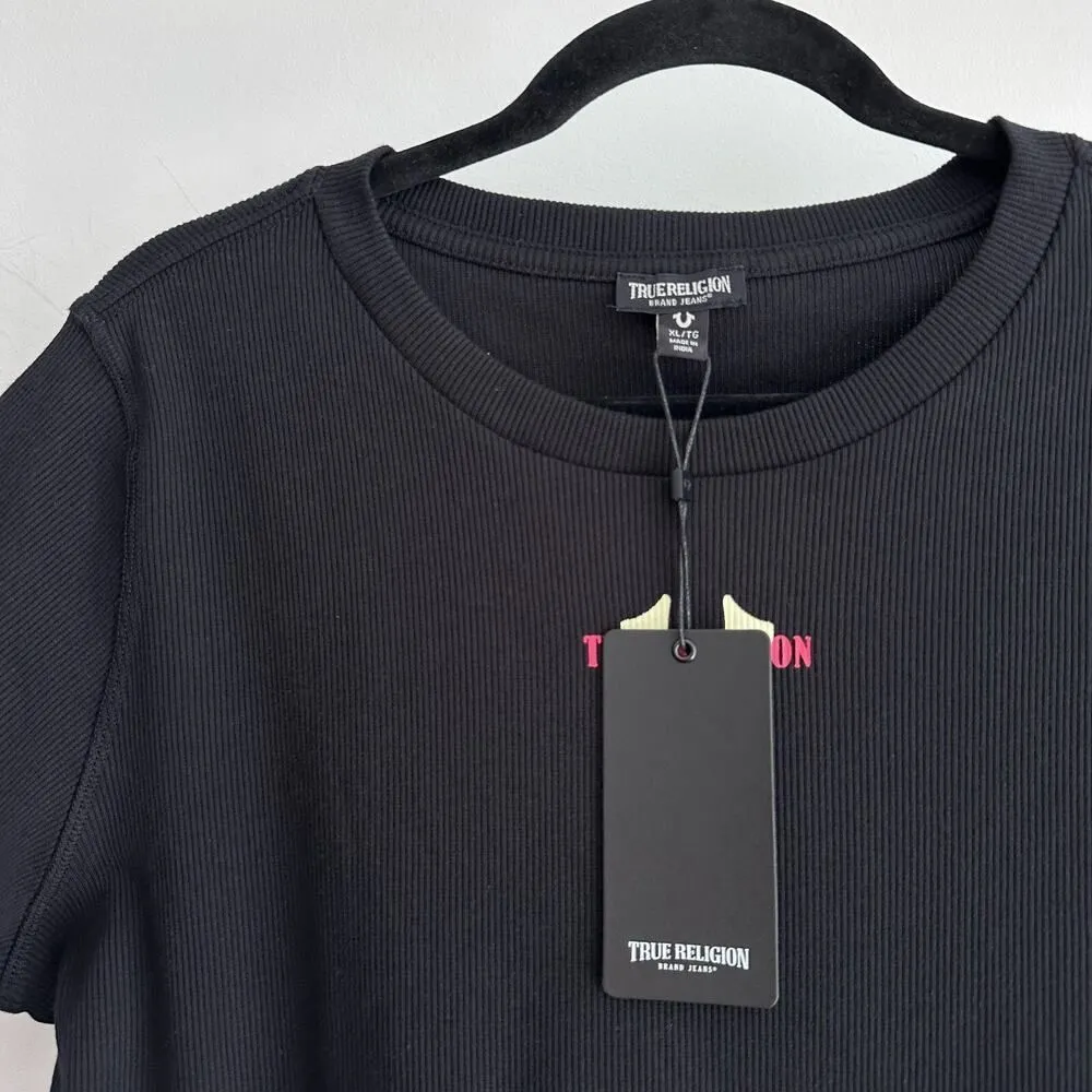 True Religion Baby Tee Womens XL Black Crop Top Rib Logo Y2K Streetwear Baddie - Image 4