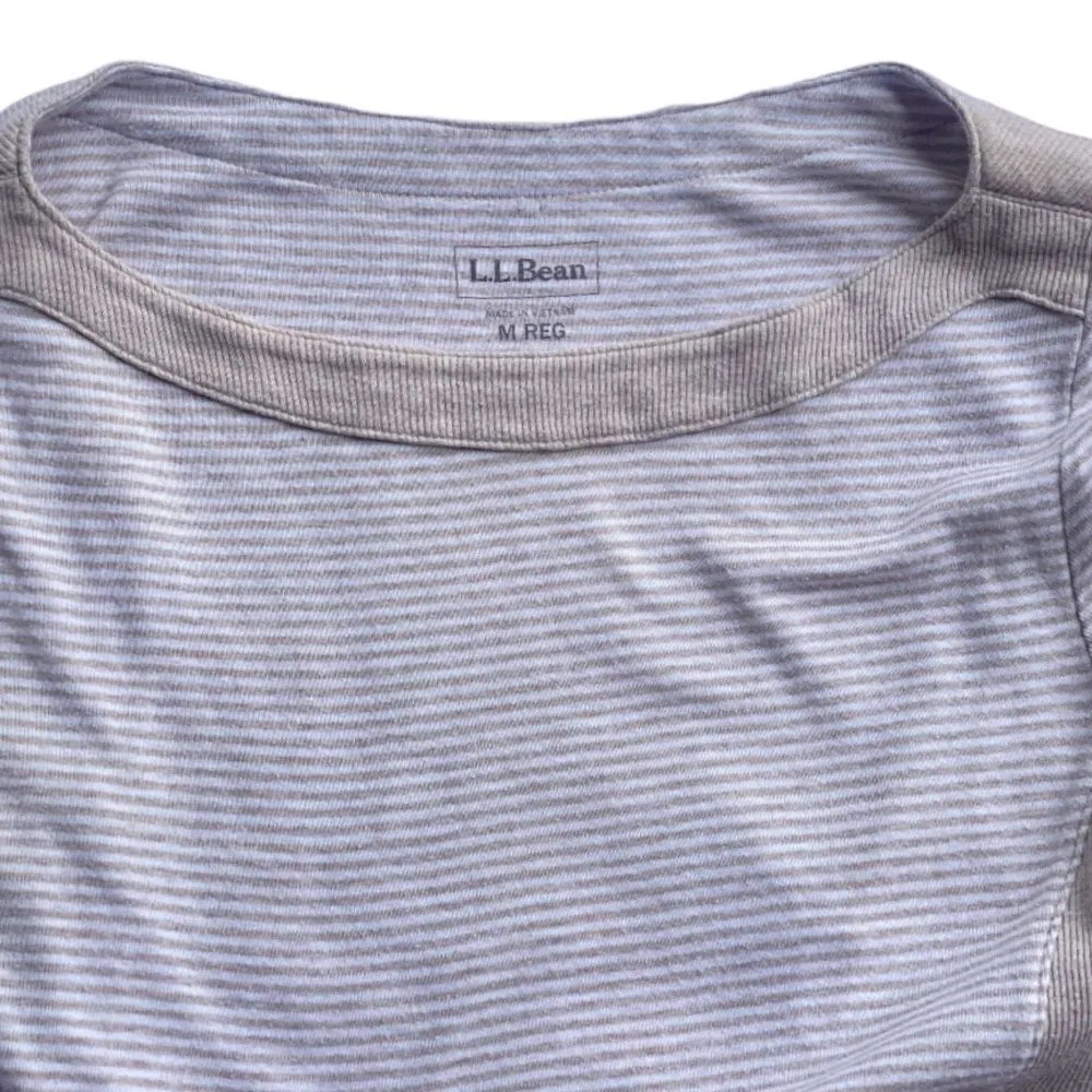 LL Bean Boat Neck Beige Stripe Three Quater Sleeve Top Size M - Image 2