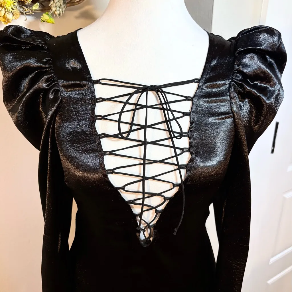 For Love & Lemons Prince Lace-Up Satin Mini Dress Black Puff Sleeve~Small 🧡 - Image 4