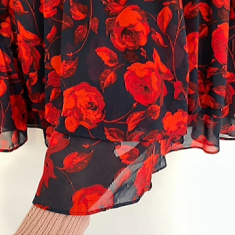 A NEW DAY Tiered Floral Blouse Navy Blue Red 3/4 Bell Sleeve Sheer / Lined Boho - Image 8