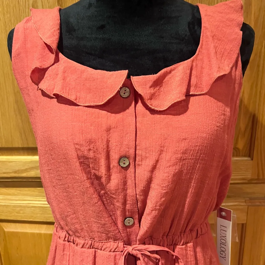 Luxology Sleeveless Ruffle Tie Waist High Low Hem Midi Dress Coral Size‎ Medium - Image 2