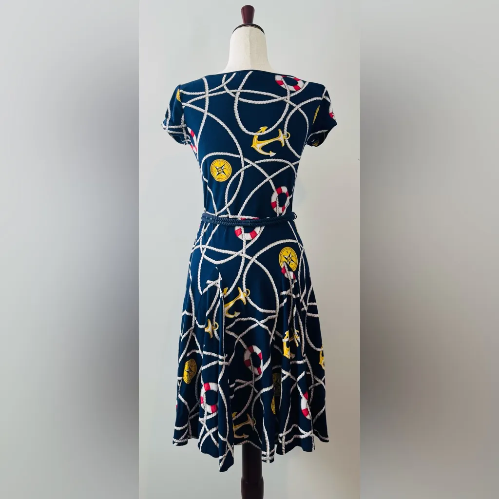 Women’s Lauren Ralph Lauren Navy and Yellow Nautical Print Belted Dress Size S - Image 7
