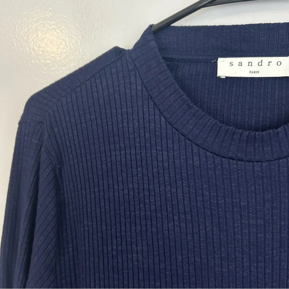 Sandro Blue Striped Knit Mixed Fabric Long Sleeve Top Size Large - Image 6