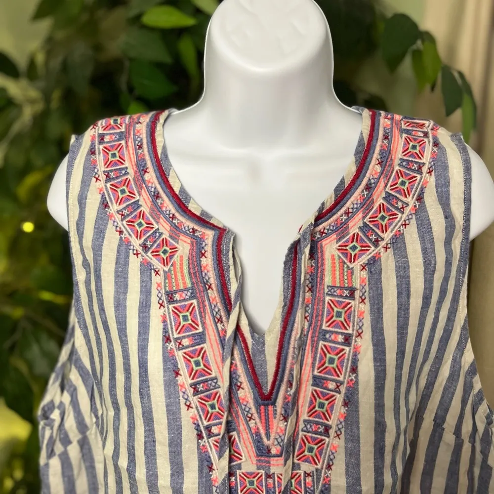 ARTISAN NY 100% Linen Striped and Floral Embroidered Sleeveless Top Size Large - Image 7