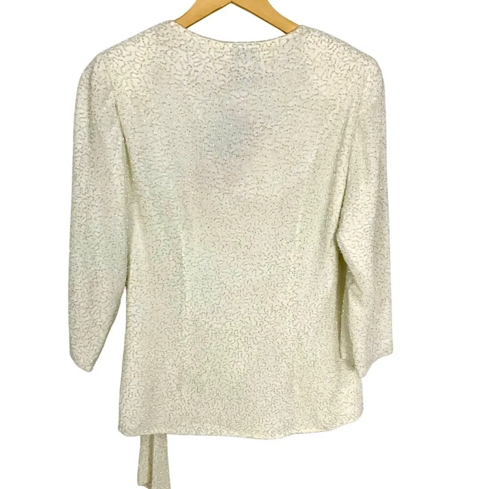 New Ivory Beaded Formal Elegant Wrap 3/4 Sleeve Top Size 10 Party Black Tie - Image 5