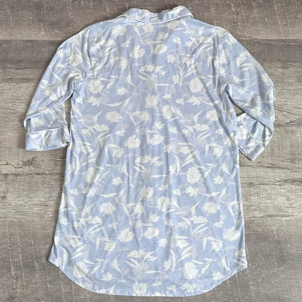 Lauren  Floral Long Sleeve Sleep Shirt M Blue White Monogram Pocket - Image 6