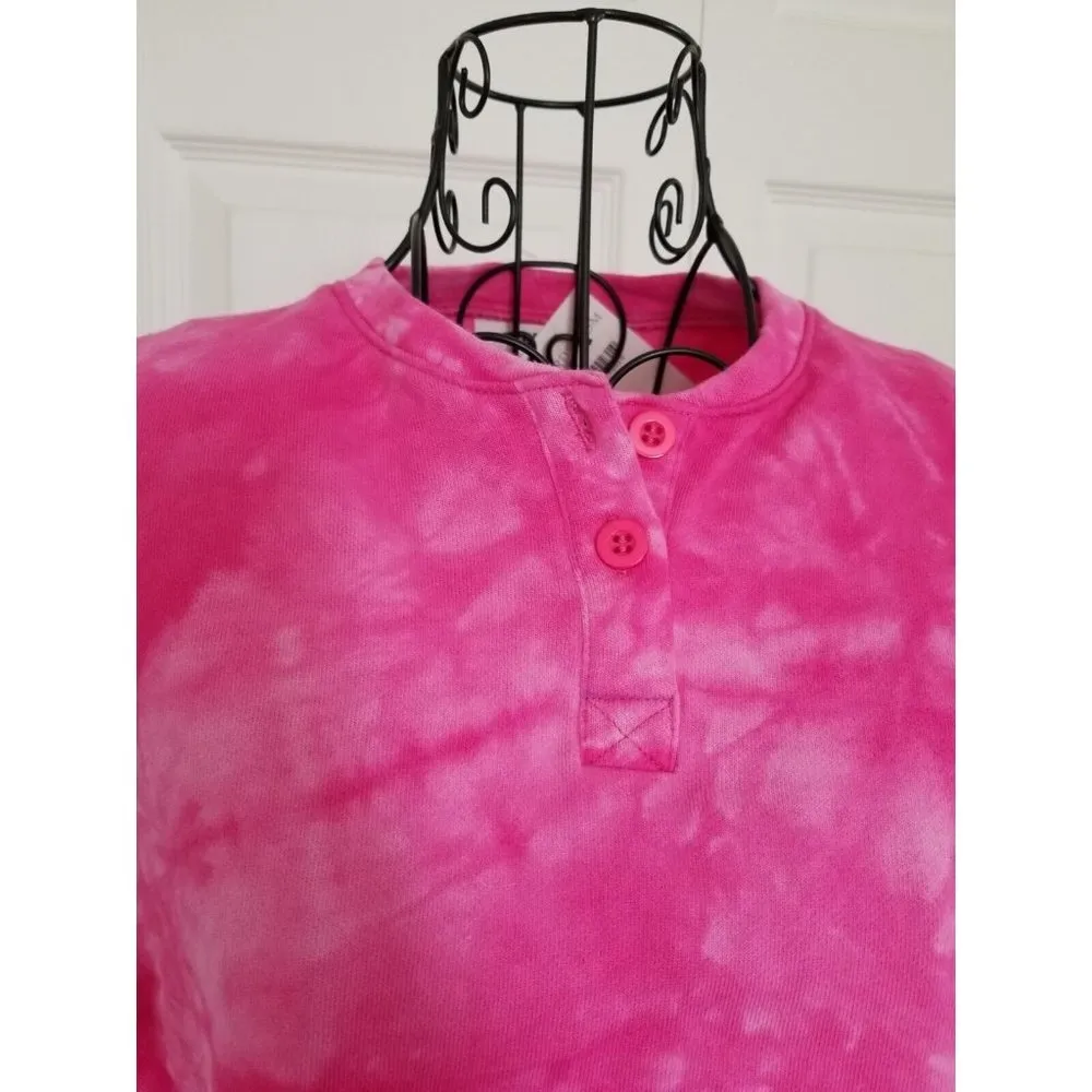 BP. Women's Sweatshirt Pink Tie-Dye Print Cropped Long Sleeves Henley Neck Sz XS - Image 2
