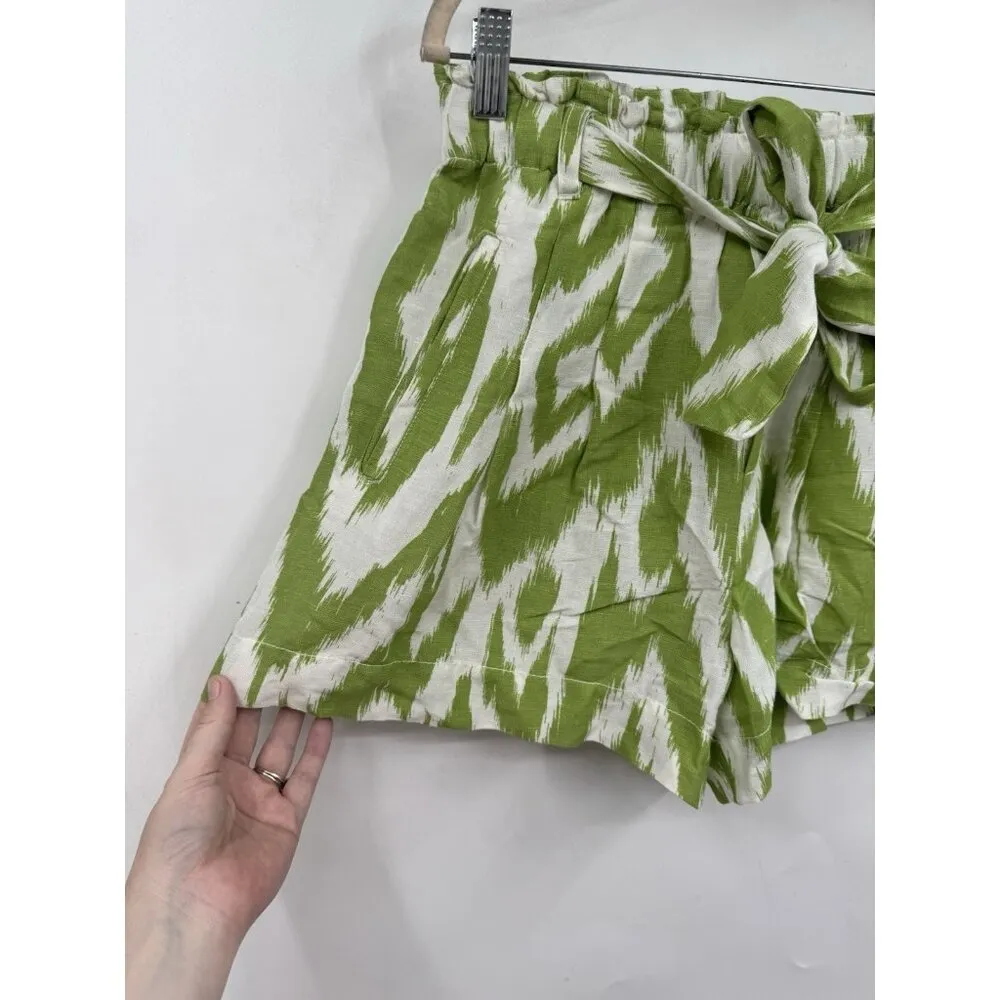 Anthropologie Green White Ikat Print Linen Blend Paperbag Shorts Women Small‎ - Image 10