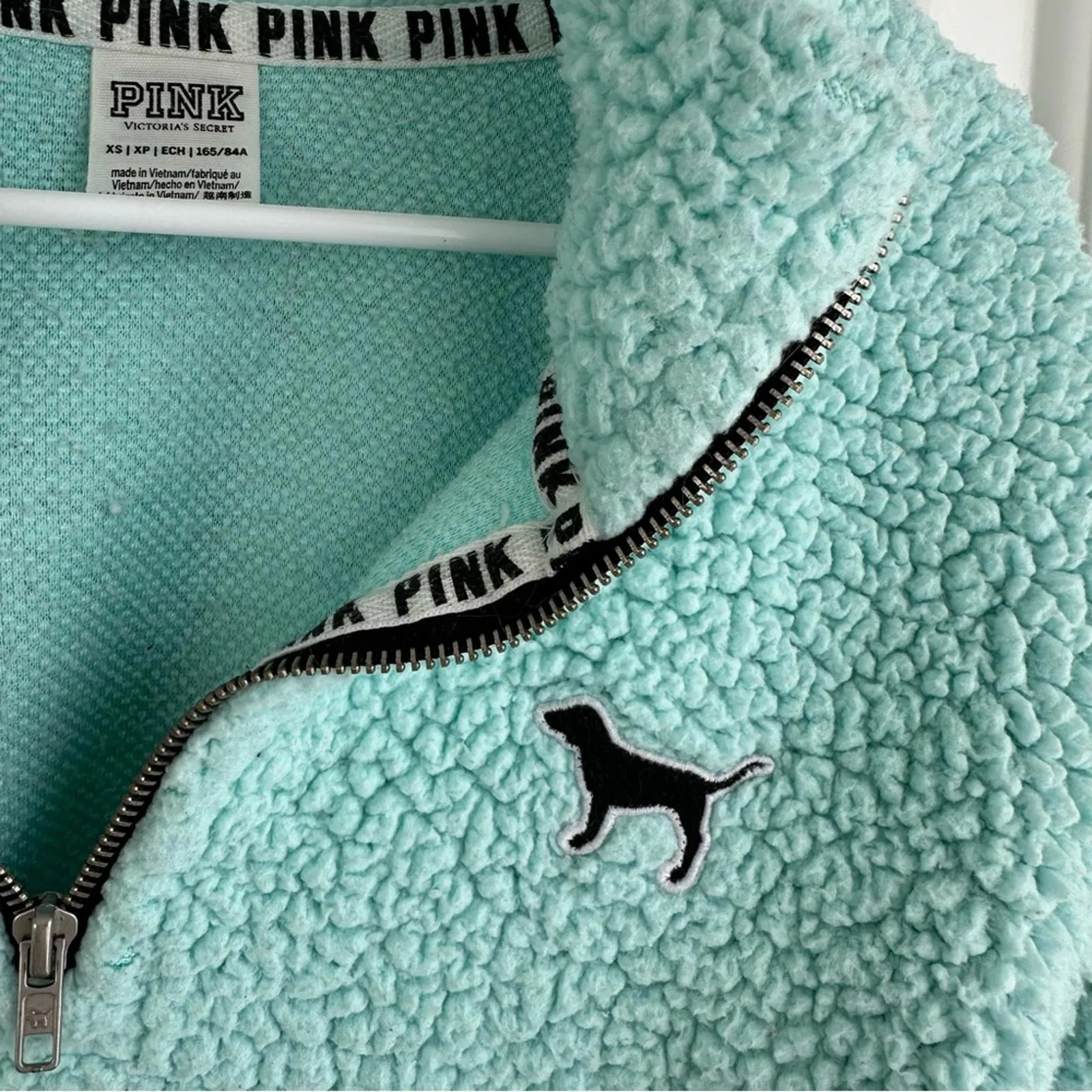 Victoria's Secret Pink Oversized Fleece Jacket Sweater Teal Blue 1/4 Zip-Up XS - Image 3