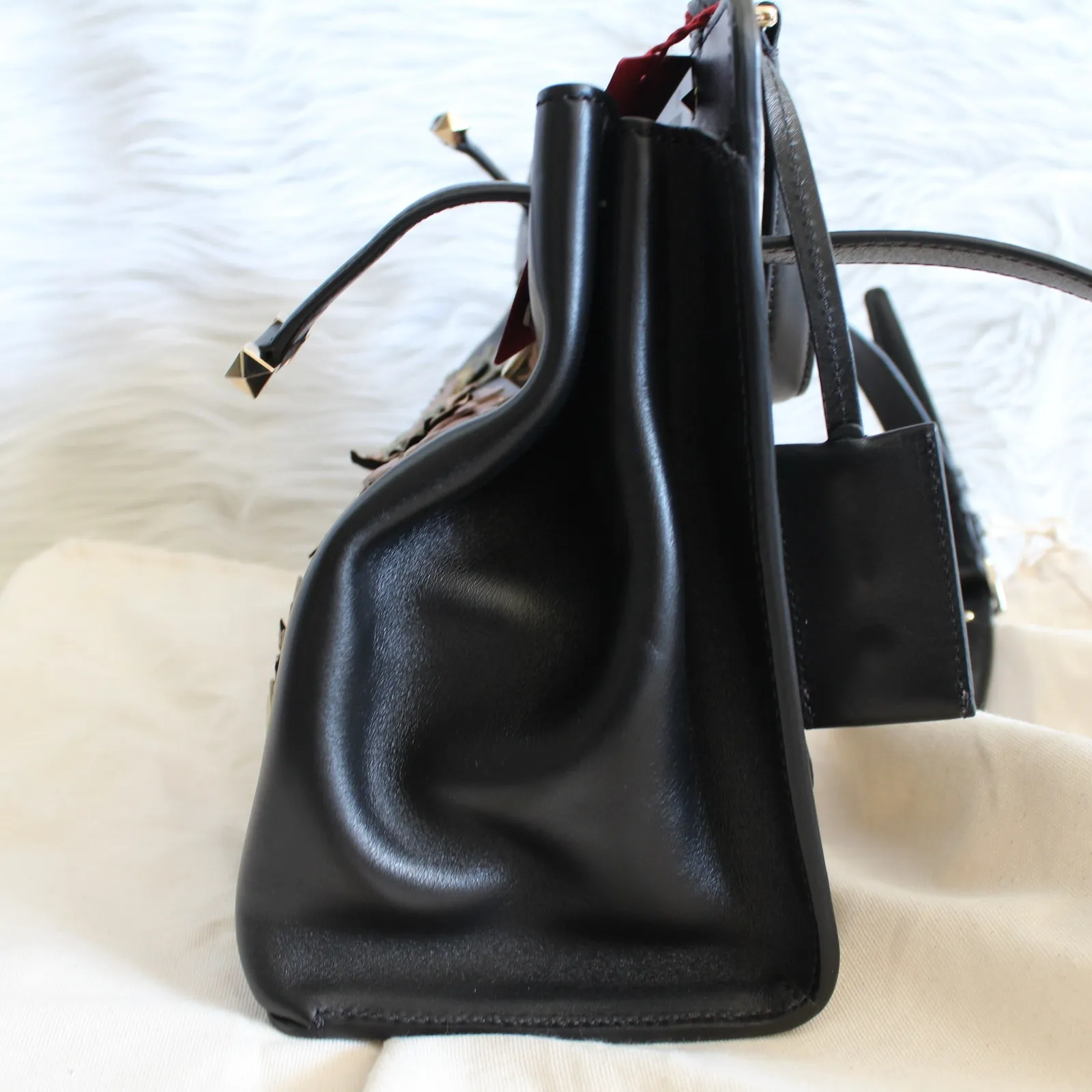 Valentino Joylock Black Leather Floral Applique Rockstud Satchel Shoulder Bag - Image 6