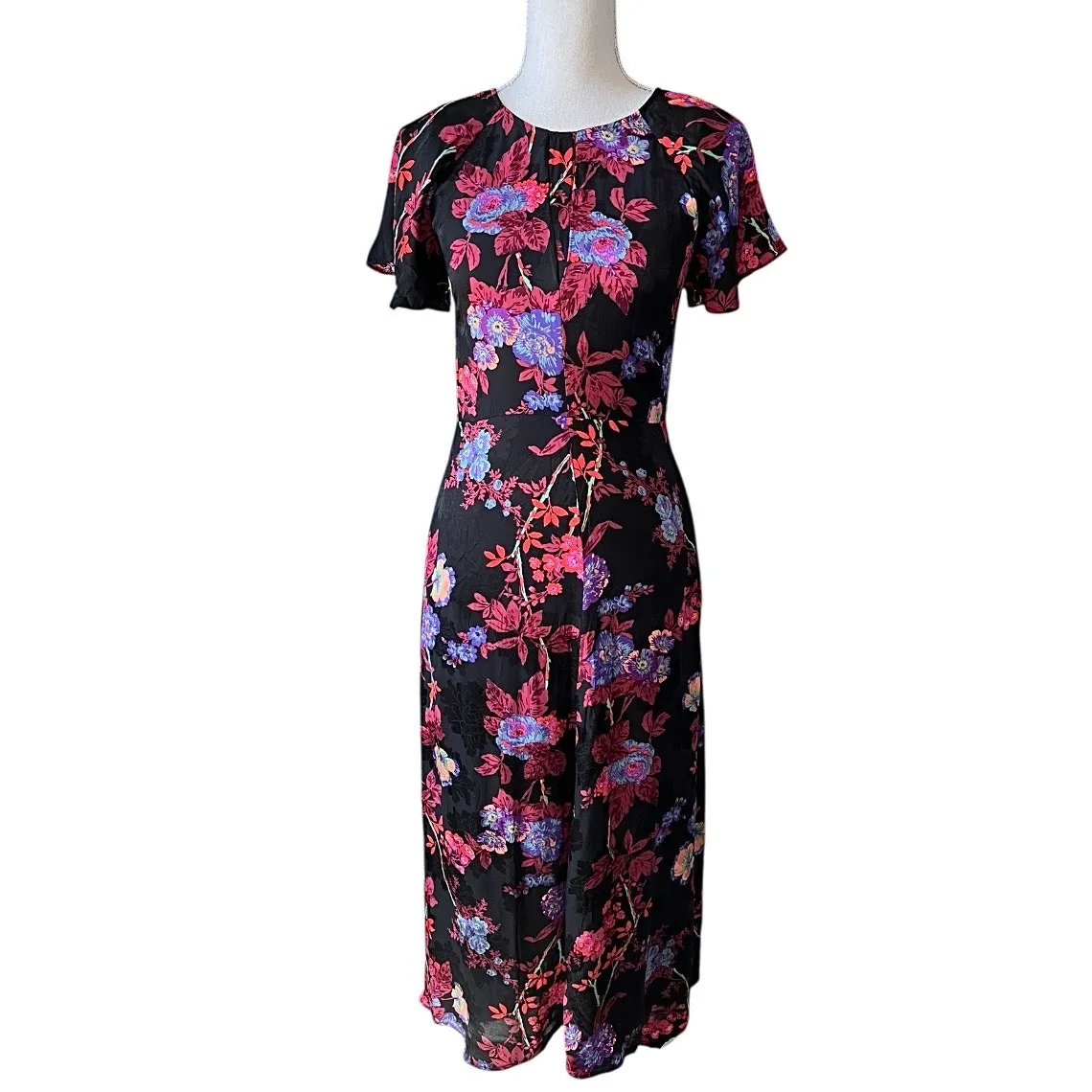 Reiss Leni black floral midi dress wedding guest cocktail party feminine fitted - Image 2