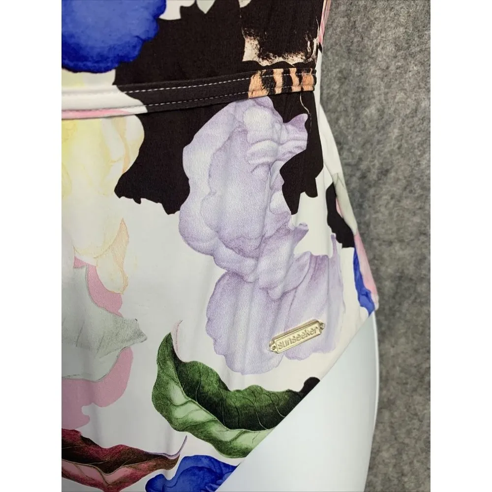 Sunseeker Swimsuit Size 4 One Piece Floral Low Cut V-Neck Sexy White Pink Blue - Image 2