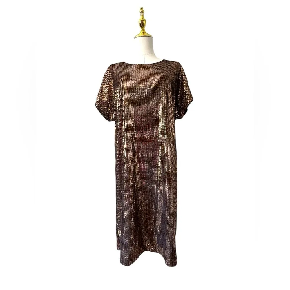 FEMI SEMI Women's Crewneck Sequin Shift Dress Short Sleeve Holiday XL NWT Gold - Image 2