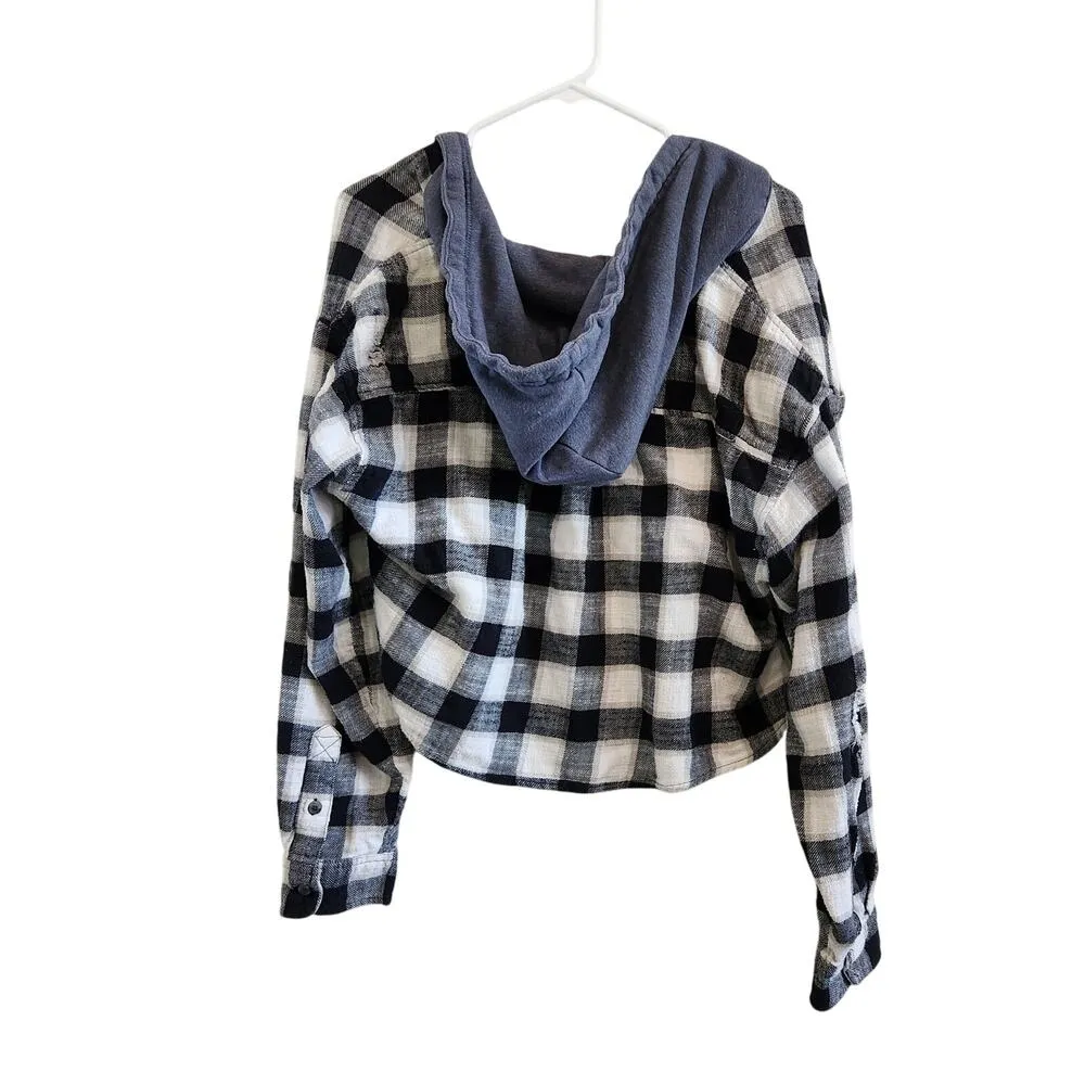 American Eagle Plaid Flannel Distressed Hoodie Button Up Black White Sz Medium - Image 2