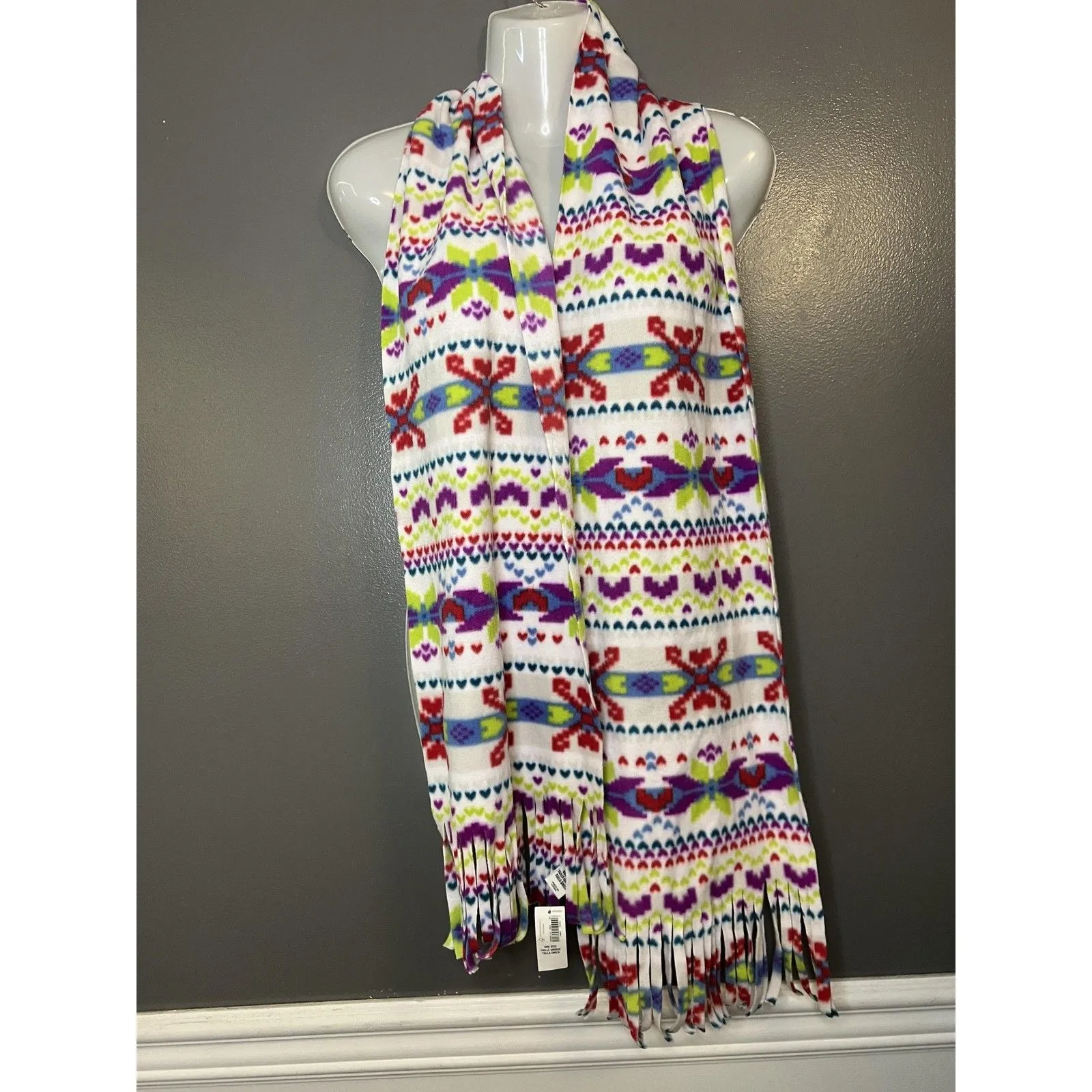 Old Navy Scarf Womens One Size Multicolor Fleece Fair Isle Fringe Winter Cozy - Image 2