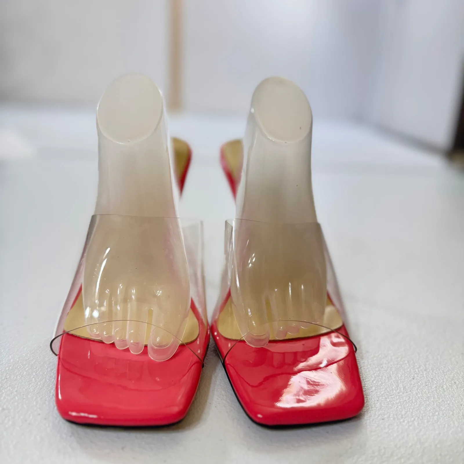 MAIERNISI Clear Heels Sandals Square Toe High Stiletto Mules Slip on Wedding 9 Pink - Image 9