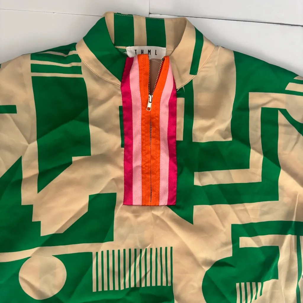 THML Geometric 1/4-Zip Top Green Beige w/ Multicolor Stripe Trim Blouse  - XS - Image 3