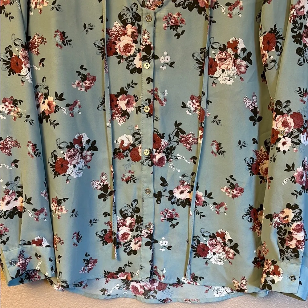 LARGE Multicolored Floral V-Neck Long Sleeve Peasant Blouse Aqua - Image 7