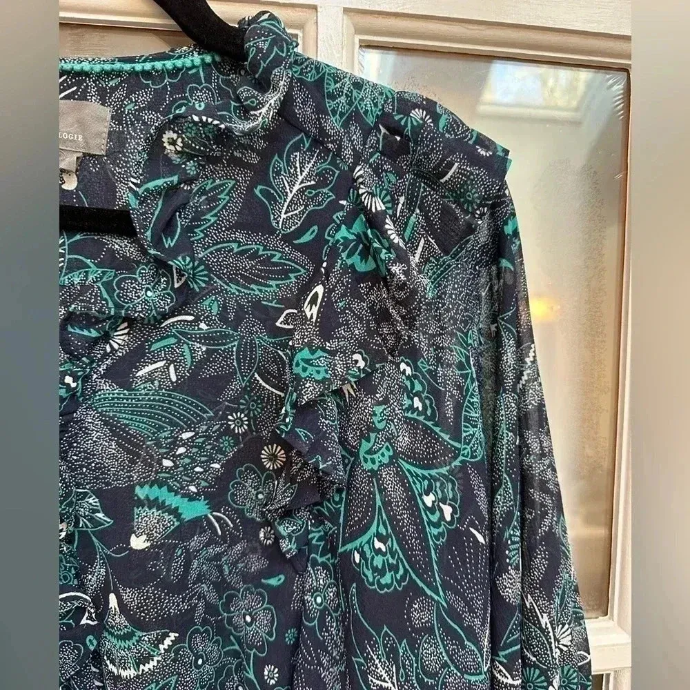 Anthropologie | Blue Green Teal Sheer Bohemian Long Sleeve Ruffle Blouse Size M - Image 7